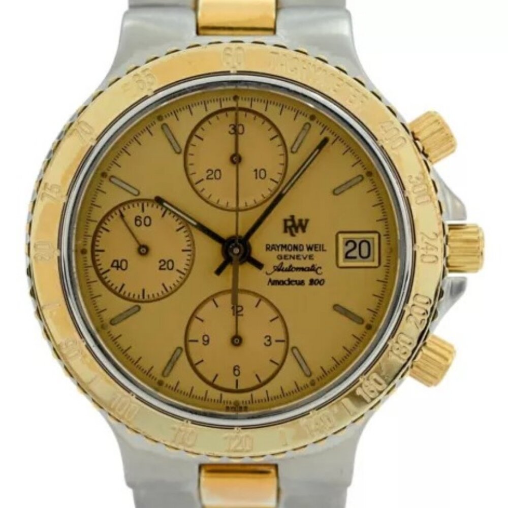 Raymond Weil 38mm Amadeus 200 Automatic Chronograph Gold Dial Watch! Ref: 7703!